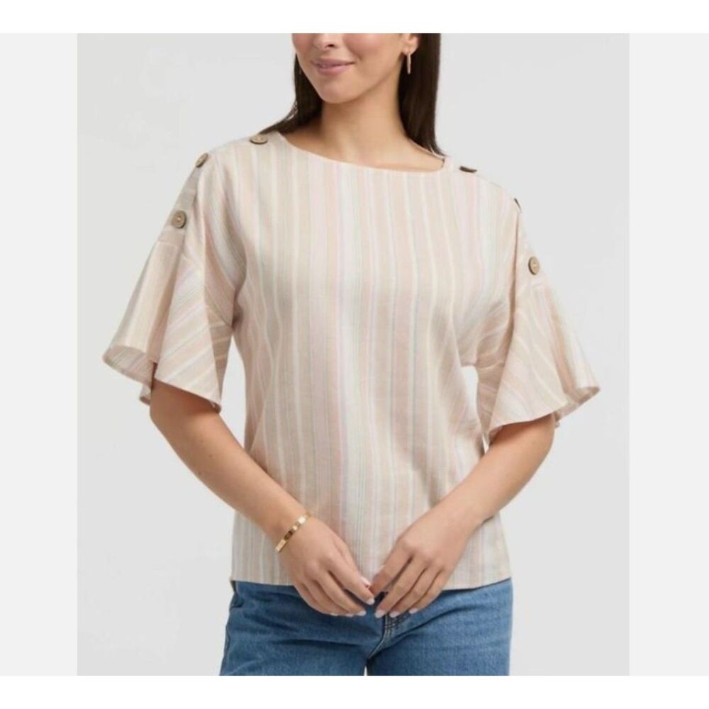 ELLEN TRACY Multicolored Stripes Sz Small Oversized Roomy Linen Blend Shirt NEW